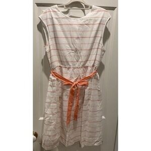 Garnet Hill striped coral & white sleeveless retro cotton dress tie belt size 16